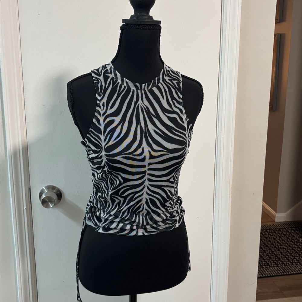 HUGO Black and White Zebra Print Mesh Tank Top Small